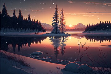 Wall Mural - A beautiful winter wonderland at sunset with a lake and trees covered in snow.