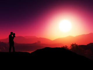 Wall Mural - 3D mountain range against a sunset sky with silhouette of a couple kissing