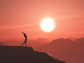 Wall Mural - 3d sunset landscape with a female stood on a mountain with arms raised