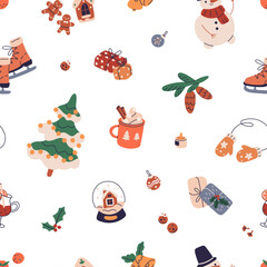 Wall Mural - Seamless Christmas pattern. Winter holiday repeating print, background, texture design with hygge stuff, Xmas decoration, gifts, tree. Colored flat vector illustration for wrapping, festive textile