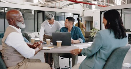Poster - Business people, diversity and meeting at desk with laptop for planning, vision and strategy with team. Group, teamwork or business meeting with handshake, computer or discussion for marketing at job