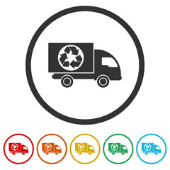 Canvas Print - Garbage Truck with Recycle Symbol. Set icons in color circle buttons