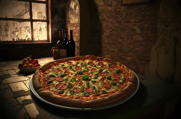 Wall Mural - illustration of huge close-up homemade style pizza with full topping, pepperoni  ricotta pizza