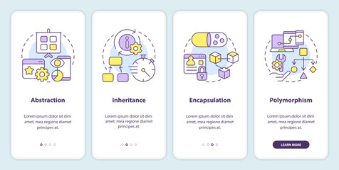 Object-oriented programming principles onboarding mobile app screen. Walkthrough 4 steps editable graphic instructions with linear concepts. UI, UX, GUI template. Myriad Pro-Bold, Regular fonts used