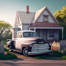 Retro Chevy Pickup In Front Of A Wooden House