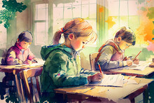 Children Studying At School And Writing In A Notebooks, Ai Illustration