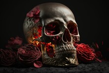 Illustration Of Iron Skull Sculpture With Red Rose On Black Background