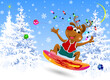 Reindeer on a snowboard on Christmas night. A cartoon reindeer, decorated with Christmas balls and a garland, descends on a snowboard, against the backdrop of a snowy winter forest