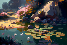 A Pond With Lily Pads And Rocks Digital Painting Illustration