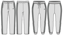 Mens Jogger Bottom, Track Pants For Sports Activities Drawstring Elastic Waist Long Pant Fashion Flat Sketch Front And Back View Technical Cad Drawing Vector Template