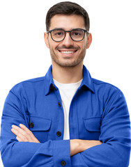 Wall Mural - Young handsome smiling man in blue shirt and glasses, feeling confident