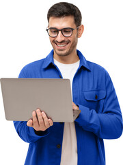 Young happy man standing with opened laptop, browsing online or typing message