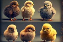 Charming Newborn Fluffy Chicks With Thin Legs On Gray Background