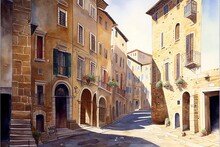 Lovely Italian Small Old Village Landscape In Watercolour. Ai Generative
