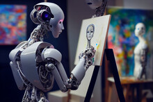 Humanoid Robot Artist Painting A Portrait On A Canvas In An Artist Studio Showing The Concept Of Science And Artificial Intelligence Technology, Computer Generative AI Stock Illustration Image
