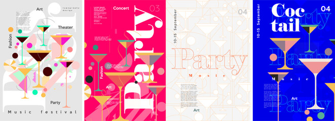 Wall Mural - Cocktail Party. Nightclub. Typography design. Set of flat vector illustrations. Poster, label, cover.