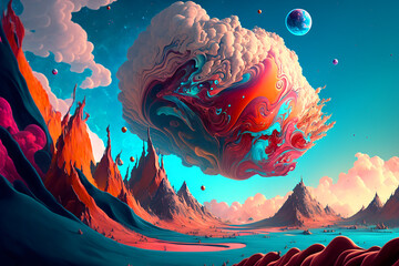 Canvas Print - fantastical planet with swirling clouds and colorful landscapes. 	Generative AI	
