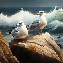 Two Seagulls Resting On The Rock Looking Far Away. Generative AI