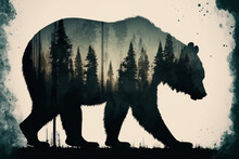 Double Exposure Of A Bear Silhouette And Foggy Forest.