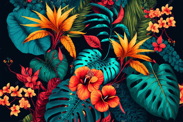 Tropical forest foliage pattern in vivid colors. 