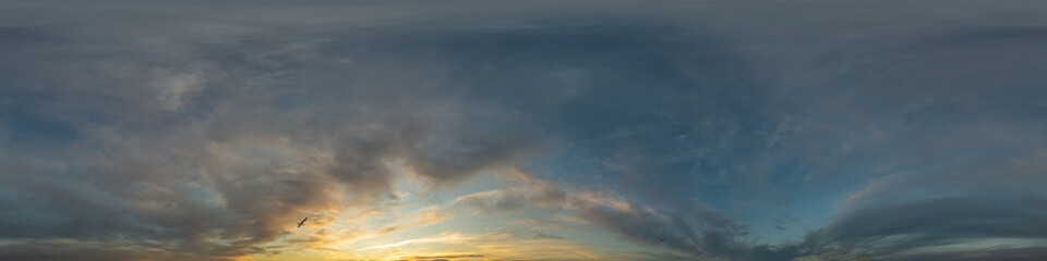 Wall Mural - Dramatic sunset sky panorama with Cumulus clouds. Seamless hdr 360 pano in spherical equirectangular format. Complete zenith for 3D visualization, game and sky replacement for aerial drone panoramas