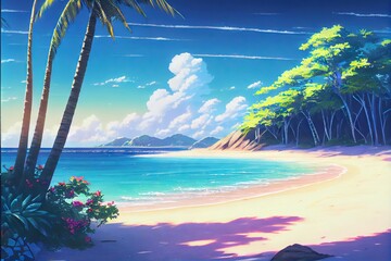 Poster - Tropical Beach - a nondescript deserted beach in an exotic location in the tropics. Idyllic island setting with clear waters, sand, and flora made by generative AI