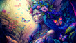 Enchanted fairy with wings in a fantasy magical forest with butterflies, magic flowers and huge moon. concept art