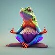 New Year's resolutions. Happy New Year 2024, new year, new resolution. Multicoloured frog doing yoga pose. Mindfullness concept. Mindfulness Day, World Frog Day or National Frog Month (April) banner