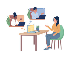 Poster - online job meeting semi flat color vector character. editable figures. full body character on white.