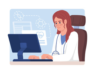 Poster - Doctor works on computer flat concept vector illustration. IoT in medicine. Editable 2D cartoon characters on white for web design. Telehealth creative idea for website, mobile, presentation