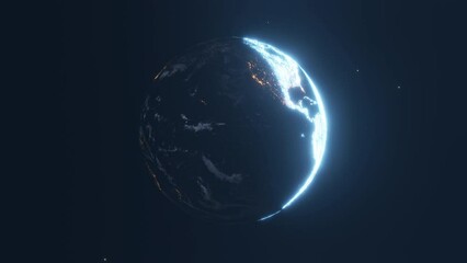 beautiful earth loop 360. view from space satellite. cities at night. 3d animation rising shining su