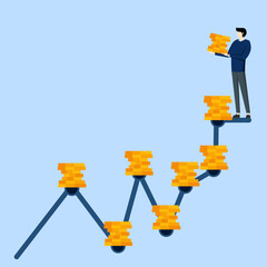 Wall Mural - smart businessman investor holding coins piling up monthly, DCA, Dollar Cost Average investment strategy to put equal amount of money every month for more wealth and profit concept.