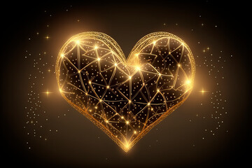 Luxury golden light shiny heart with floral and geometric ornament on brown background. Hearts with stars, sparkling, constellation, galaxy