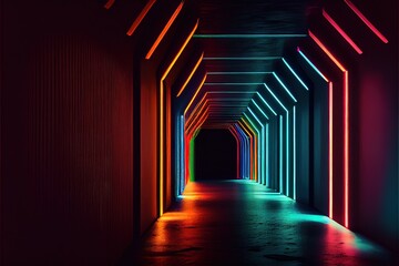 Wall Mural - Generative AI illustration of Multicolored neon lamps in a dark tunnel. Reflections on the walls. Digitally generated image