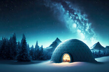 Semicircular Snow Igloo With Faceted Upper Surface Against Glowing Sky