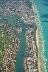 Poster - Amazing aerial view of Miami Beach skyline and coastline from a departing airplane