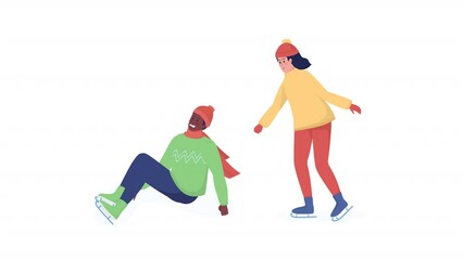 Poster - Animated couple on skating rink. Male skater fall. Full body flat people on white background with alpha channel transparency. Colorful cartoon style HD video footage of character for animation