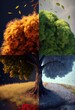 Generative AI illustration of the four temporal seasons in one face, one frame, one tree. Nature concept. Digitally generated image
