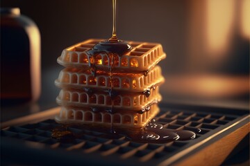 a stack of waffles with syrup on top of it on a table next to a bottle of syrup.