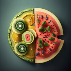 Wall Mural - a sliced up watermelon and orange on a plate with seeds and leaves on it.