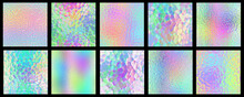 Set Of Unicorn Holographic Light Crystal Patterns Textures - Iridescent Rainbow Hologram Glass Material Background
