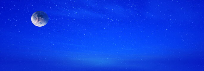 Wall Mural - night blue starry sky big blue moon pink sunset clouds background banner template