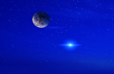 Wall Mural - night blue starry sky big blue moon pink sunset clouds background banner template
