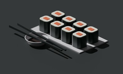 Poster - Sushi roll on a plate on a dark background. 3d rendering