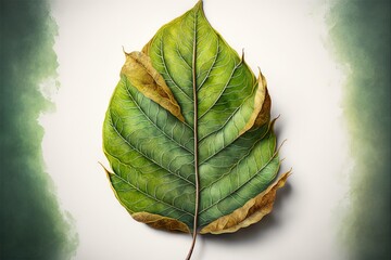 a green leaf with yellow leaves on it's side and a white background with a green spot in the middle.