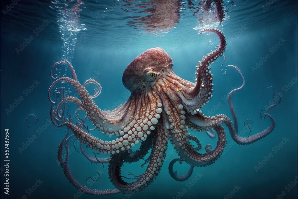 an octopus swimming in the ocean, its tentacles spread out as it ...