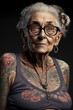 Concept of beautiful old woman with tattoos. Young hip elderly female of the future with peircings