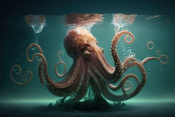  an octopus is swimming in the water with bubbles and bubbles around it's head. Generative AI