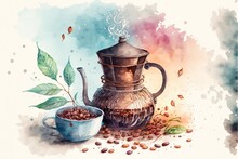 A Painting Of A Coffee Pot And A Cup Of Coffee With Beans And Leaves Around It On A Watercolor Background.