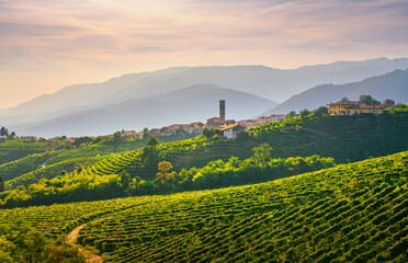 Wall Mural - Prosecco Hills, vineyards and San Pietro di Barbozza village. Valdobbiadene, Veneto, Italy